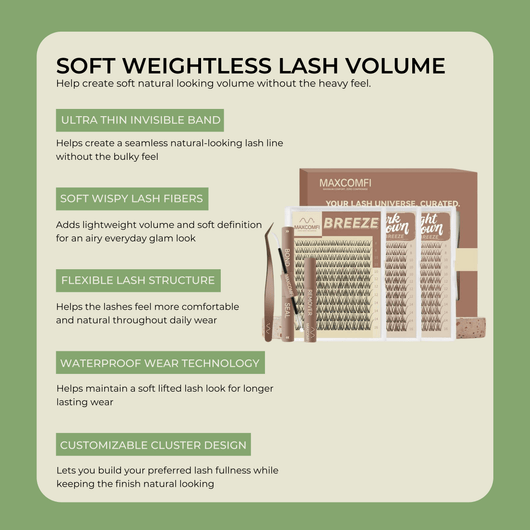 Maxcomfi lash cluster kit with lightweight wispy volume and invisible lash band features