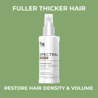 Spectral Men’s Advanced Hair Density Serum bottle with fuller thicker hair and restore hair density volume text overlay.