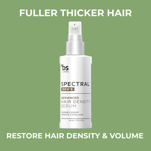 Spectral Men’s Advanced Hair Density Serum bottle with fuller thicker hair and restore hair density volume text overlay.