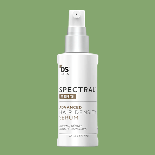 Spectral Men’s Advanced Hair Density Serum bottle isolated on soft green background with clinical premium design.