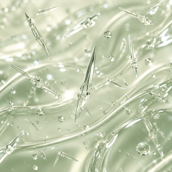 Ultra-realistic glossy spicule particles suspended in smooth serum textures representing fuller-looking hydrated lips.