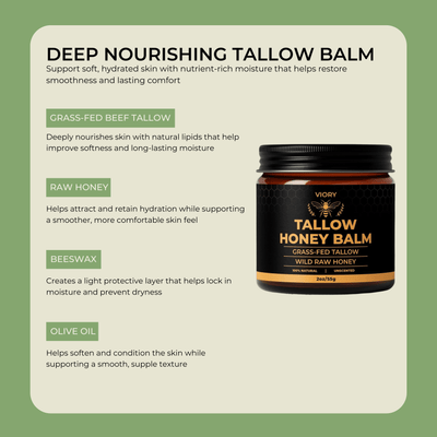 Key ingredients of tallow honey balm including grass fed tallow raw honey beeswax and olive oil