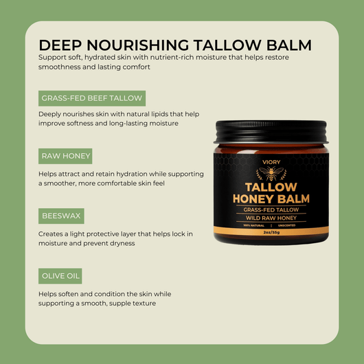 Key ingredients of tallow honey balm including grass fed tallow raw honey beeswax and olive oil