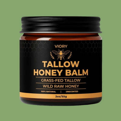 Close up of tallow honey balm jar showing premium packaging and natural skincare product