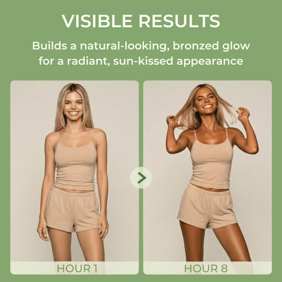Side-by-side comparison of a woman's full-body tan transformation from Hour 1 to Hour 8 using Olivine Beauty mist.