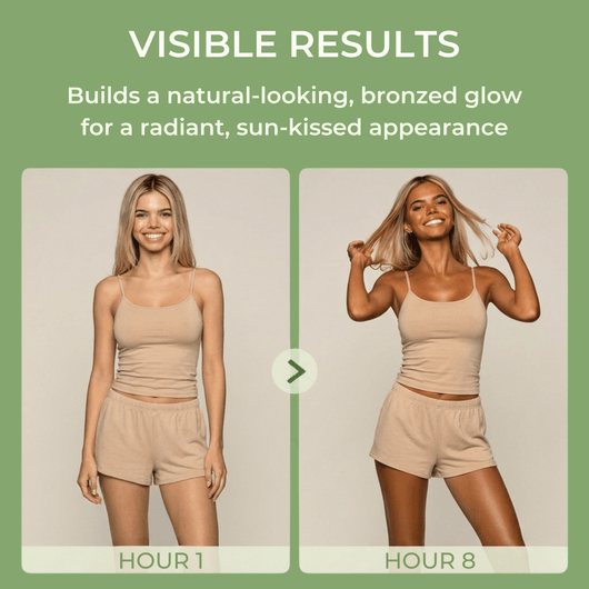 Side-by-side comparison of a woman's full-body tan transformation from Hour 1 to Hour 8 using Olivine Beauty mist.