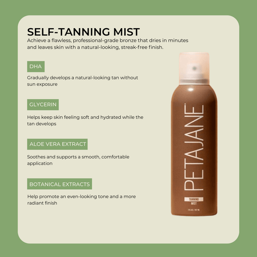 Infographic showing Olivine Beauty tanning mist ingredients: DHA for natural tan, Glycerin for hydration, and Aloe Vera for soothing skin.
