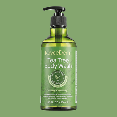 Green tea tree body wash bottle with pump packaging for daily skin cleansing