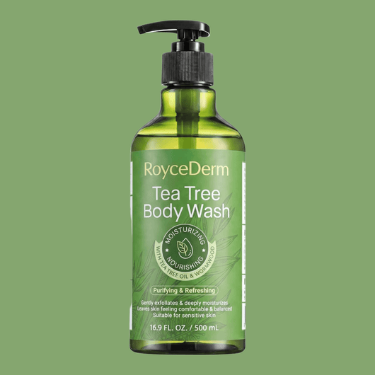 Green tea tree body wash bottle with pump packaging for daily skin cleansing