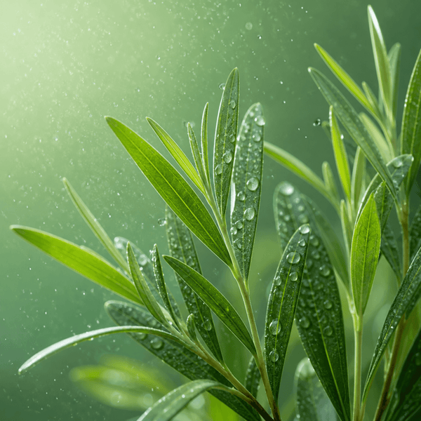 Fresh tea tree leaves with water droplets representing skin cleansing and balanced skin