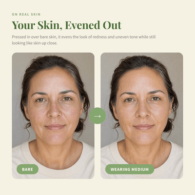 Bare skin beside skin wearing the Tone Adapting CC Serum in Medium, redness looking evened out