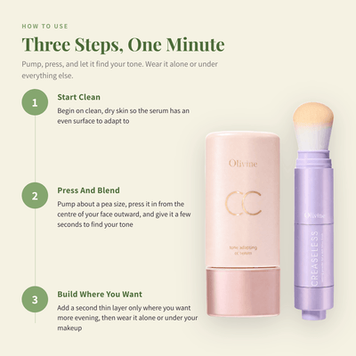 How to use the Tone Adapting CC Serum in three steps, press and blend then set