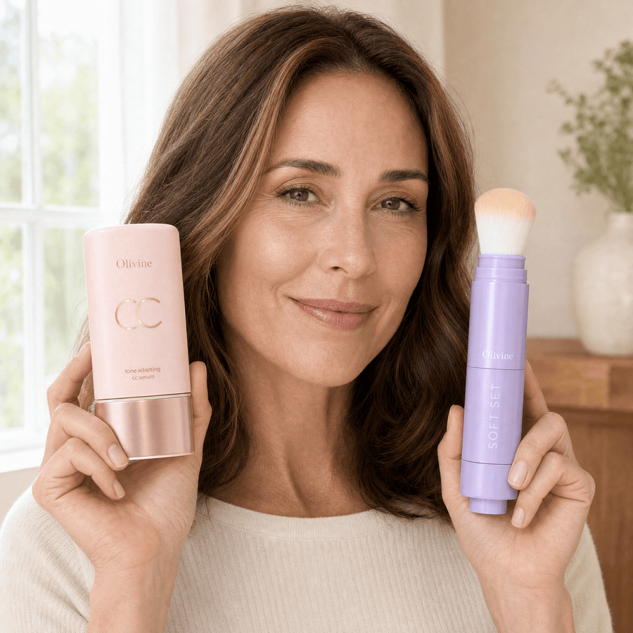 Woman holding the Tone Adapting CC Serum and its shade matched setting powder brush