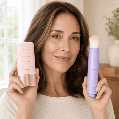Woman holding the Tone Adapting CC Serum and its shade matched setting powder