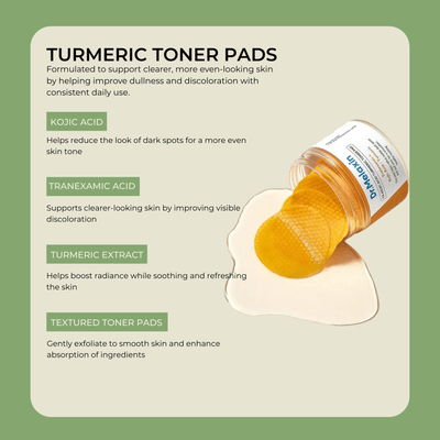 Turmeric toner pads with kojic acid and tranexamic acid ingredients highlighted for skin brightening