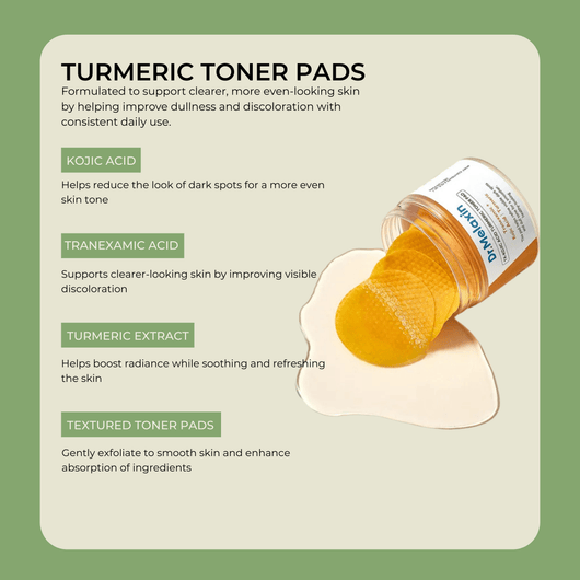 Turmeric toner pads with kojic acid and tranexamic acid ingredients highlighted for skin brightening