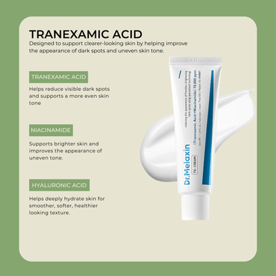 Olivine Beauty Tranexamic Acid brightening cream showing key ingredients including Tranexamic Acid, Niacinamide and Hyaluronic Acid for dark spot correction and even skin tone.