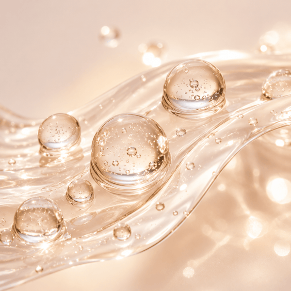 Glossy translucent serum droplets representing tranexamic acid for skin clarity and glow by Olivine Beauty.
