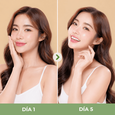 Comparación Día 1 y Día 5 mostrando piel con apariencia más luminosa y saludable
