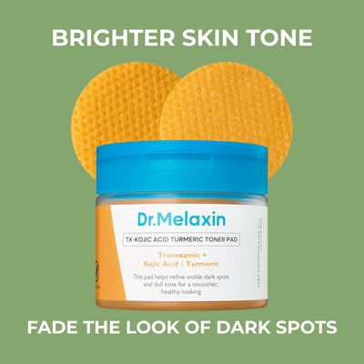 Jar of turmeric toner pads with textured pads showing brightening and dark spot care