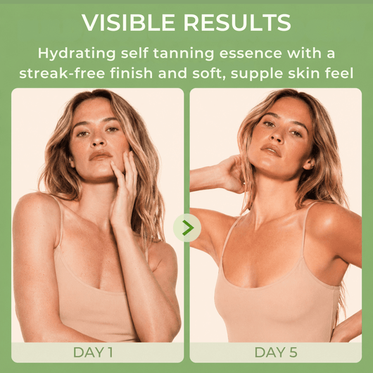 Before and after bronzed glow results using CYKLAR Self Tanning Milky Essence from Day 1 to Day 5