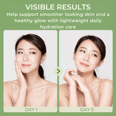 Day 1 and Day 5 skincare comparison showing smoother glowing skin results