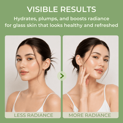 Woman with radiant glowing skin beside visible hydration results skincare comparison layout.