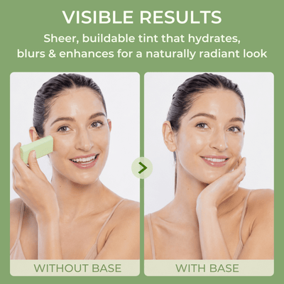 Before and after radiant complexion comparison using Pixi On-the-Glow BASE moisture stick