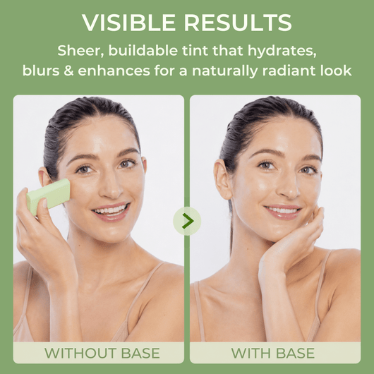 Before and after radiant complexion comparison using Pixi On-the-Glow BASE moisture stick