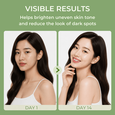 Before and after skincare results using Olivine Beauty brightening cream from Day 1 to Day 14.