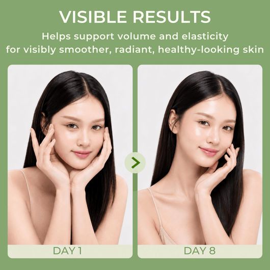Day 1 and Day 8 comparison showing smoother, more radiant-looking skin appearance.