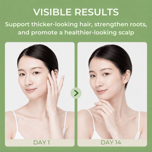 Day 1 and Day 14 hair density comparison showing healthier fuller-looking hair appearance.