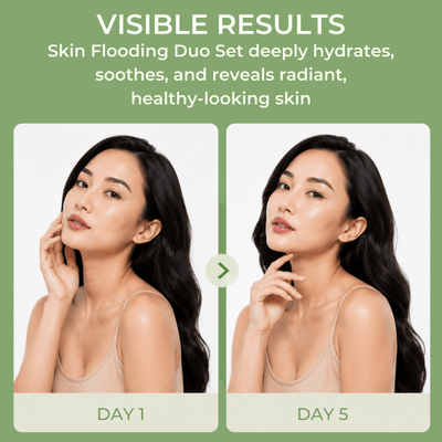 Day 1 and Day 5 skincare results showing hydrated glowing skin transformation