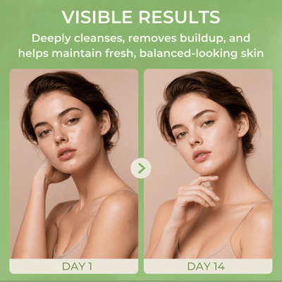 Before and after comparison showing clearer and more balanced-looking skin over time