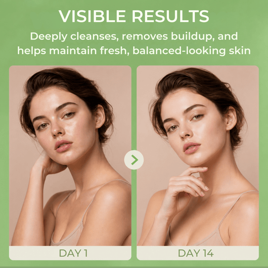 Before and after comparison showing clearer and more balanced-looking skin over time