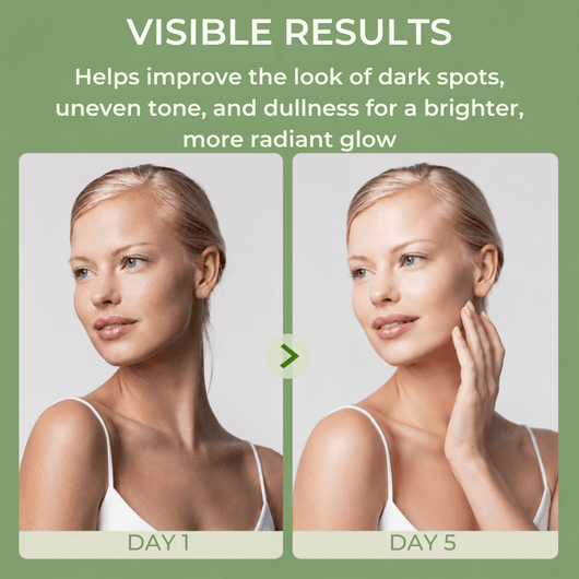 Before and after skincare results showing brighter-looking more radiant skin after five days.