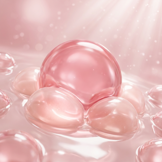 Volufiline plumping ingredient shown as plump gel spheres supporting a fuller, smoother-looking neck appearance in Olivine Beauty PDRN Collagen Gua Sha Neck Wrinkle Cream