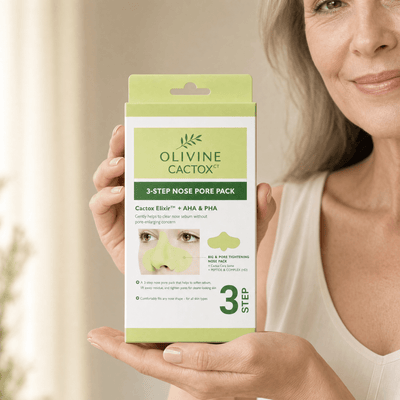 Olivine Cactox 3 Step Nose Mask Pack held in hand, close up