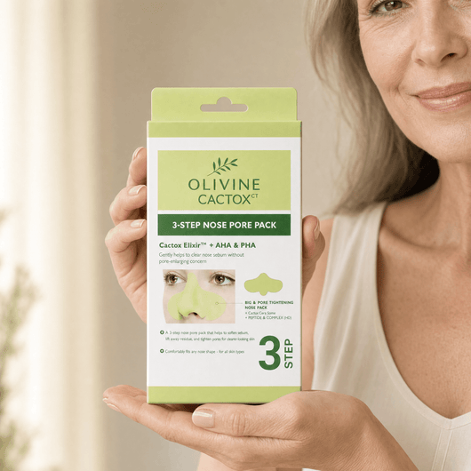 Olivine Cactox 3 Step Nose Mask Pack held in hand, close up
