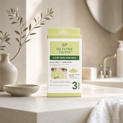 Olivine Cactox 3 Step Nose Mask Pack in a bright bathroom vanity setting