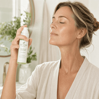 Olivine Cactox Pore Relief Jelly Toner Pads and Serum Mist Duo held by a woman with glowing skin