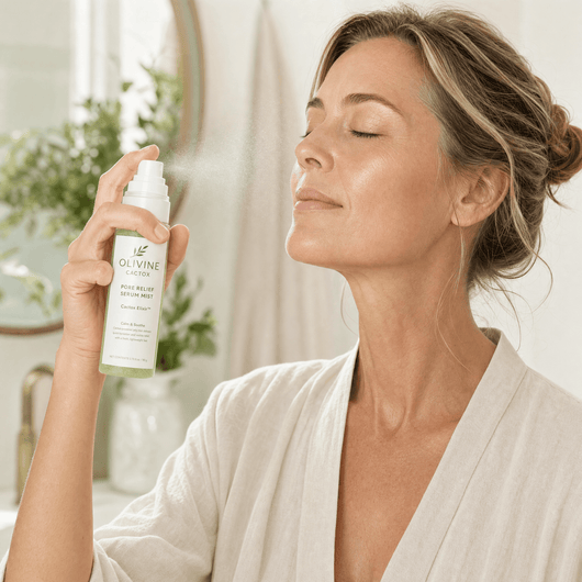 Olivine Cactox Pore Relief Jelly Toner Pads and Serum Mist Duo held by a woman with glowing skin