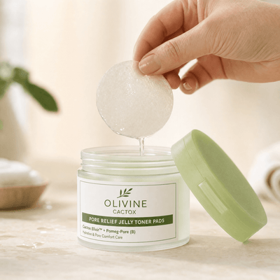 Olivine Cactox Pore Relief Jelly Toner Pads and Serum Mist Duo held in hand, close up