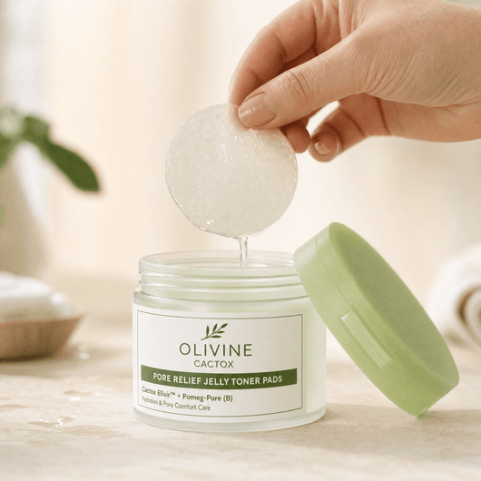 Olivine Cactox Pore Relief Jelly Toner Pads and Serum Mist Duo held in hand, close up