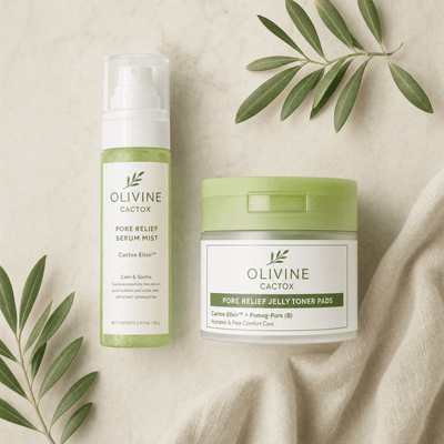 Olivine Cactox Pore Relief Jelly Toner Pads and Serum Mist Duo flat lay on a cream background