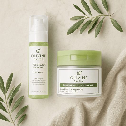 Olivine Cactox Pore Relief Jelly Toner Pads and Serum Mist Duo flat lay on a cream background