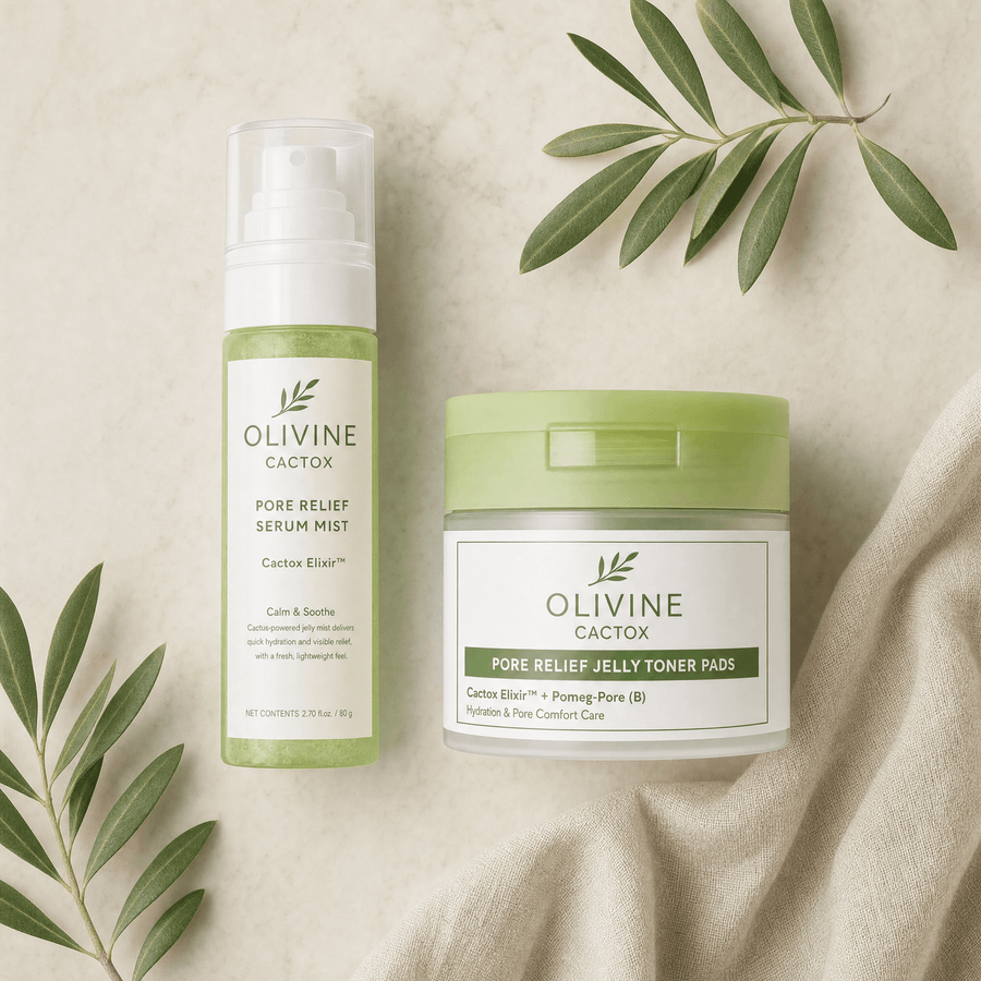 Olivine Cactox Pore Relief Jelly Toner Pads and Serum Mist Duo flat lay on a cream background