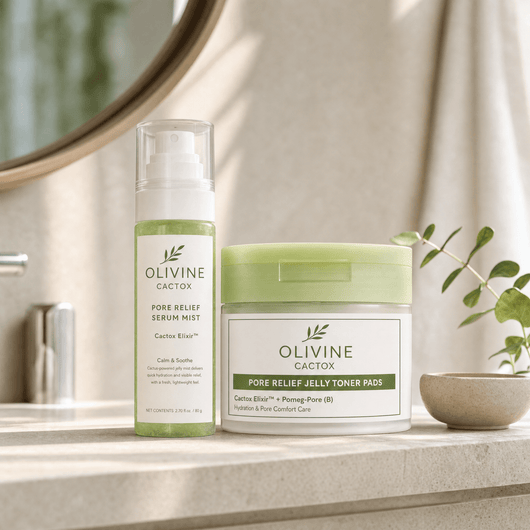 Olivine Cactox Pore Relief Jelly Toner Pads and Serum Mist Duo in a bright bathroom vanity setting