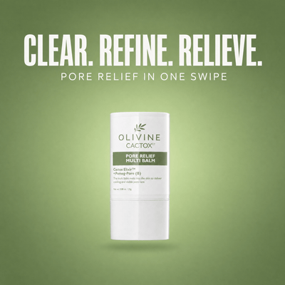Olivine Cactox Pore Relief Multi Balm on a green gradient background