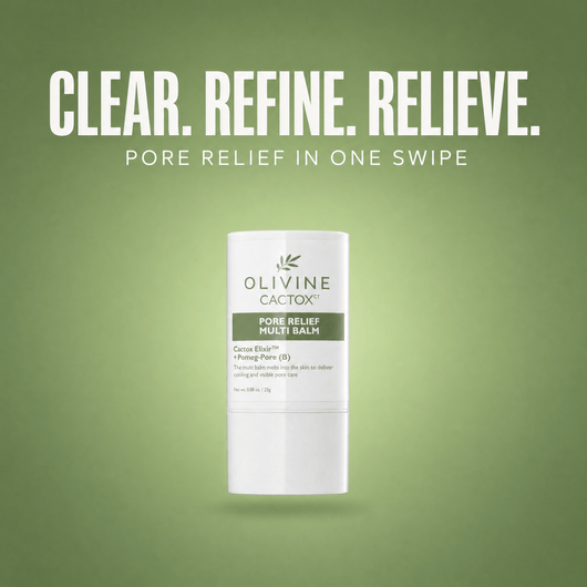 Olivine Cactox Pore Relief Multi Balm on a green gradient background